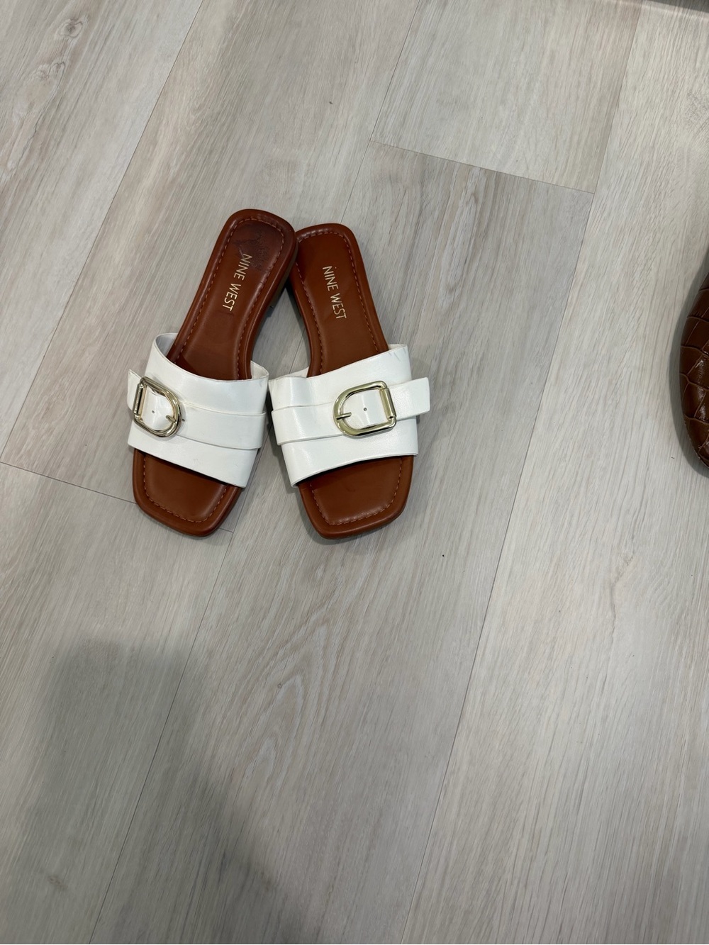 Nine West White Leather Buckle Slide Mules
